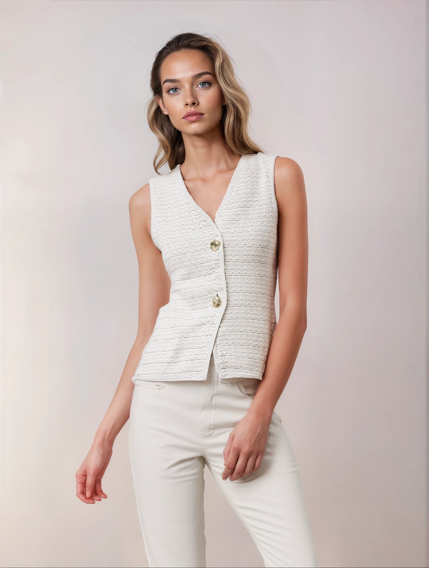 Dames Gebreid Gilet met V-Hals en Juweelknopen – Elegant, Tijdloos en Veelzijdig