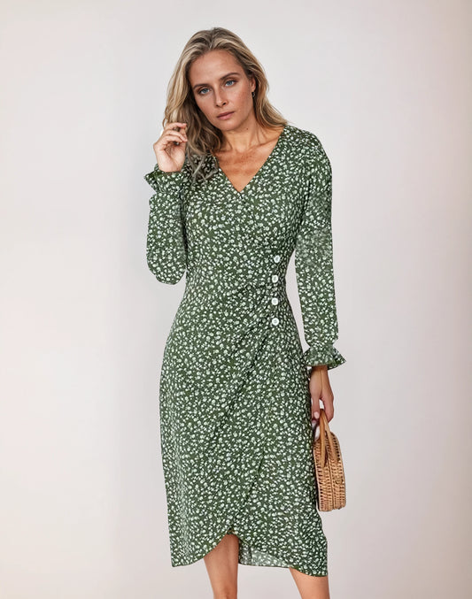 Dames Midi‑jurk met Patroon en V‑Hals – A‑Lijn Plisséjurk