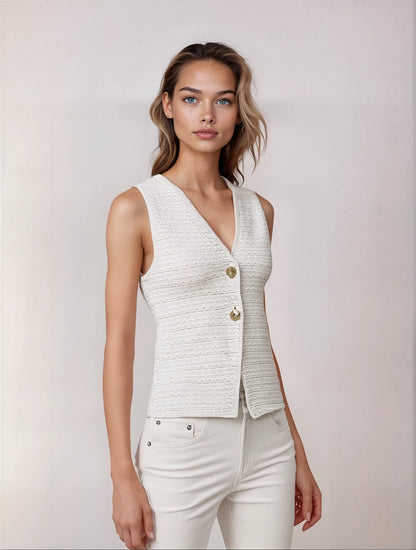 Dames Gebreid Gilet met V-Hals en Juweelknopen – Elegant, Tijdloos en Veelzijdig