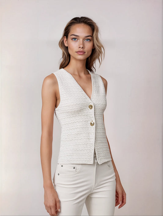 Dames Gebreid Gilet met V-Hals en Juweelknopen – Elegant, Tijdloos en Veelzijdig