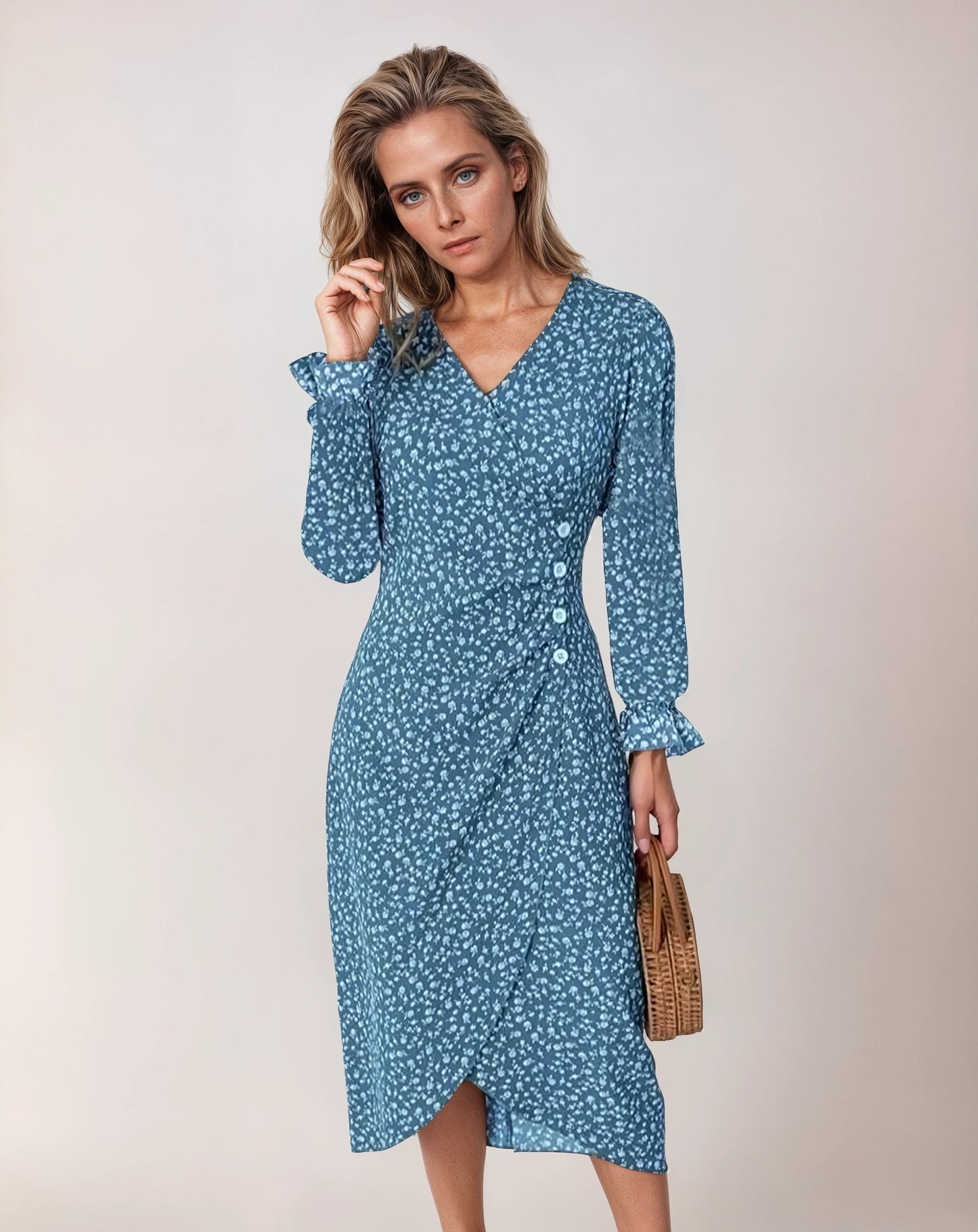 Dames Midi‑jurk met Patroon en V‑Hals – A‑Lijn Plisséjurk