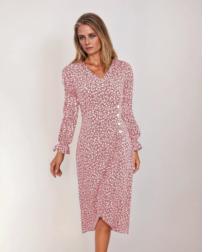 Dames Midi‑jurk met Patroon en V‑Hals – A‑Lijn Plisséjurk