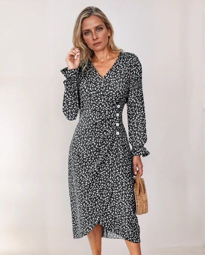 Dames Midi‑jurk met Patroon en V‑Hals – A‑Lijn Plisséjurk